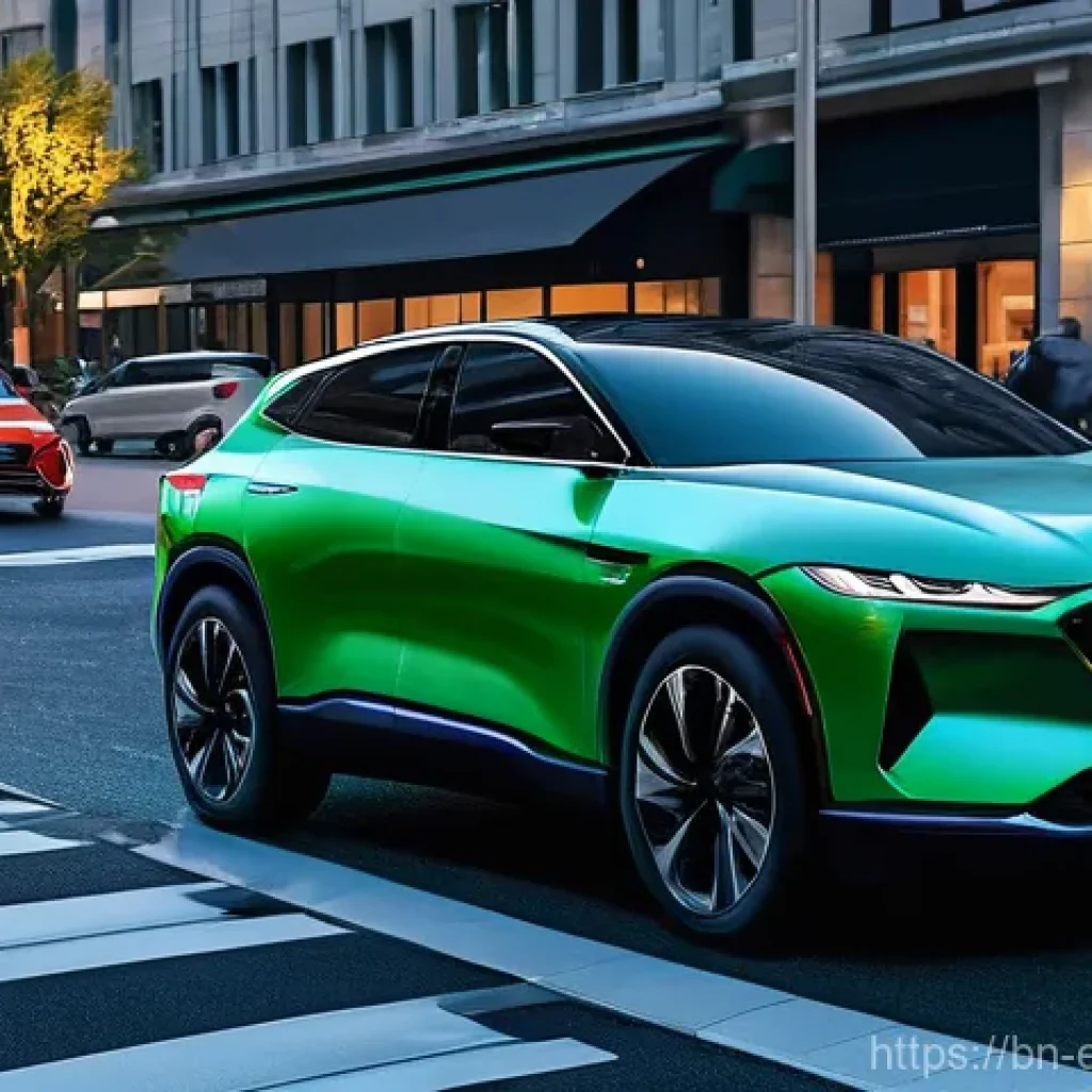 자동차 전장 설계 이론 - **ADAS in Action - Urban Safety:**
"A modern, sleek electric sedan, possibly a futuristic SUV, s...