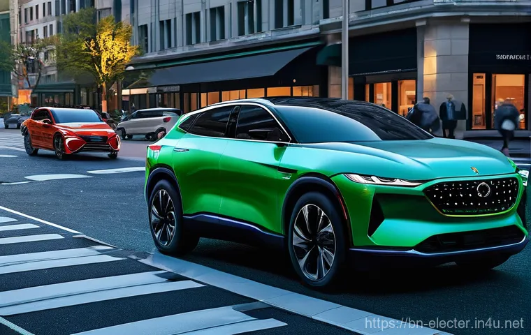 자동차 전장 설계 이론 - **ADAS in Action - Urban Safety:**
"A modern, sleek electric sedan, possibly a futuristic SUV, s...