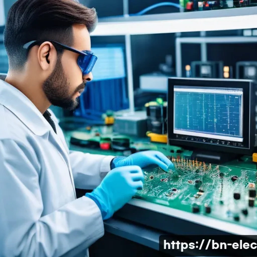 전자공학 엔지니어의 윤리적 책임 - A professional electronic engineer in a modern lab environment, carefully inspecting a complex circu...