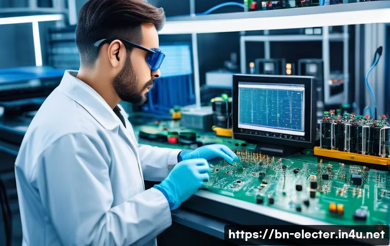 전자공학 엔지니어의 윤리적 책임 - A professional electronic engineer in a modern lab environment, carefully inspecting a complex circu...