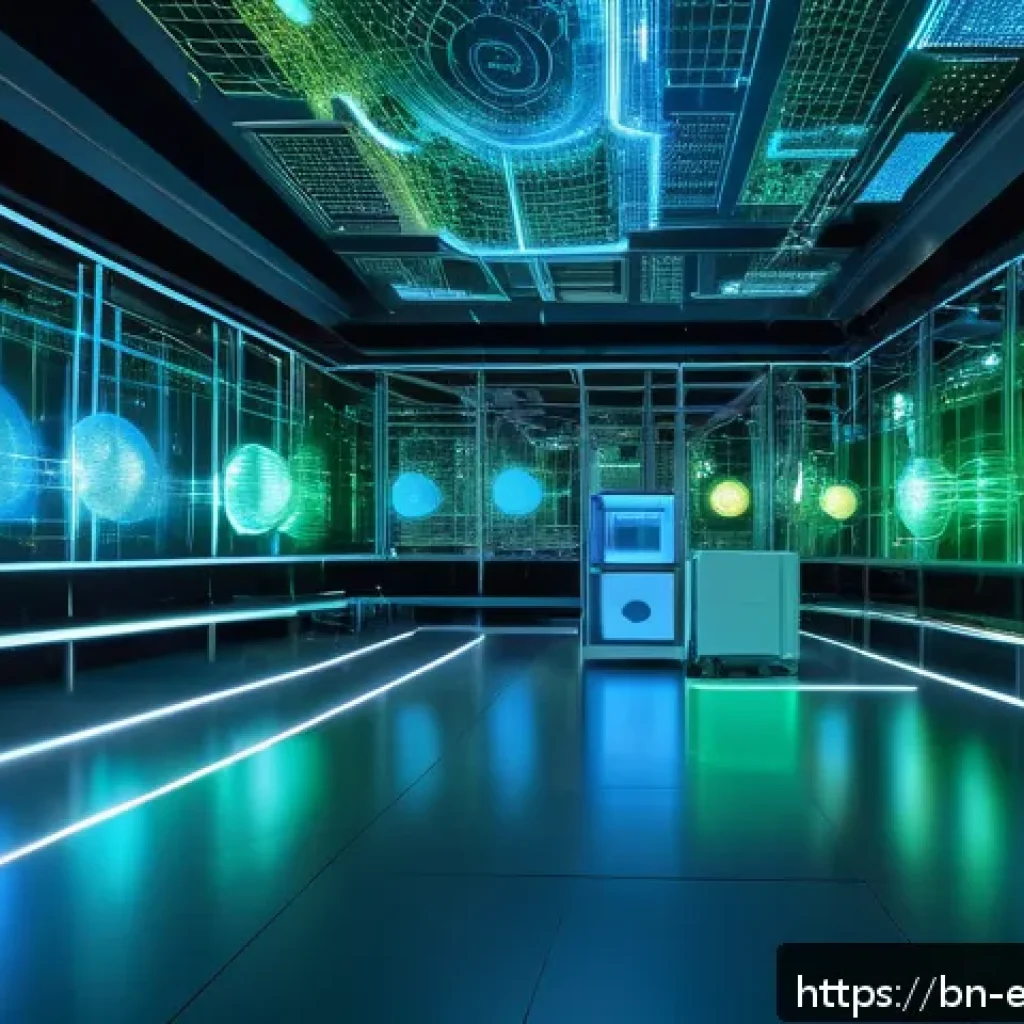 양자 컴퓨팅과 전자공학 - A futuristic laboratory scene showcasing quantum computing elements: glowing qubits suspended in mid...