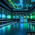 양자 컴퓨팅과 전자공학 - A futuristic laboratory scene showcasing quantum computing elements: glowing qubits suspended in mid...