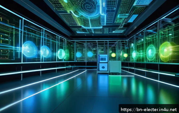 양자 컴퓨팅과 전자공학 - A futuristic laboratory scene showcasing quantum computing elements: glowing qubits suspended in mid...