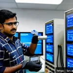 전력변환기 테스트 프로세스 - A high-tech laboratory scene showing a Bangladeshi engineer wearing insulated gloves and protective ...