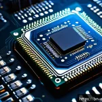 FPGA 개발 환경 설정 - A detailed and realistic close-up illustration of a modern FPGA chip on a circuit board, showing int...