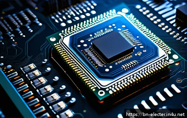FPGA 개발 환경 설정 - A detailed and realistic close-up illustration of a modern FPGA chip on a circuit board, showing int...