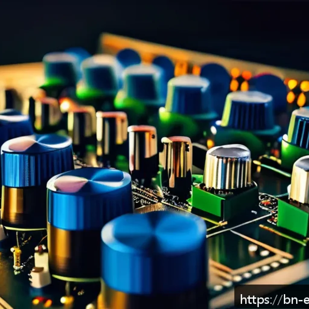 아날로그 신호 처리의 기초 - A detailed close-up of an advanced analog audio amplifier circuit board glowing softly under studio ...