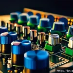 아날로그 신호 처리의 기초 - A detailed close-up of an advanced analog audio amplifier circuit board glowing softly under studio ...