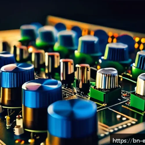 아날로그 신호 처리의 기초 - A detailed close-up of an advanced analog audio amplifier circuit board glowing softly under studio ...