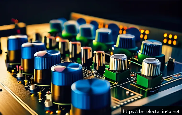 아날로그 신호 처리의 기초 - A detailed close-up of an advanced analog audio amplifier circuit board glowing softly under studio ...