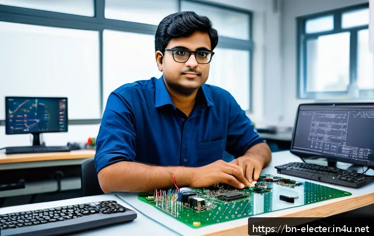 전자공학 직무 인터뷰 준비법 - A detailed scene of a Bengali electronics engineer in a modern lab setting, surrounded by advanced t...